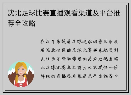 沈北足球比赛直播观看渠道及平台推荐全攻略